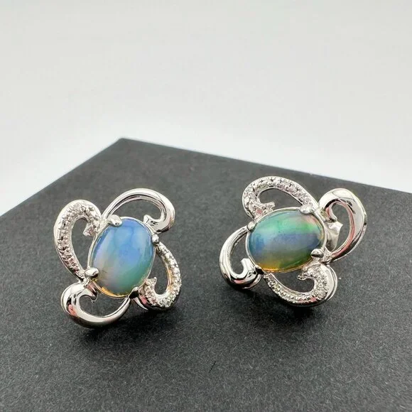 Mesmerizing Natural Cabochon Black Opal Earrings Diamond Accent Sterling Silver